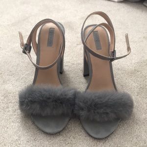 Fur trim suede heels